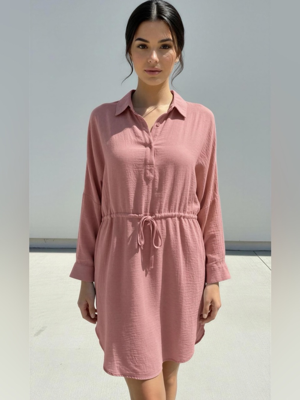 Petal Roz Collared Dusty Rose Midi Shirt Dress with Drawstring Waist Size S NWT
